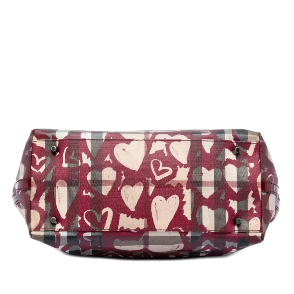 Burberry House Check Coated Canvas Hearts Gracie Tote Red Good - Inside View