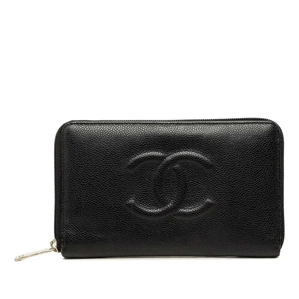 Chanel CC Caviar Zip Around Organizer Wallet Black Leather Good - Front View