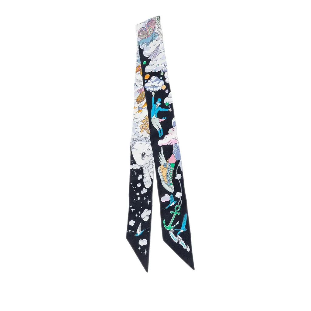Hermès Sur Mon Nuage Silk Twilly Scarf Black Never worn - Front View