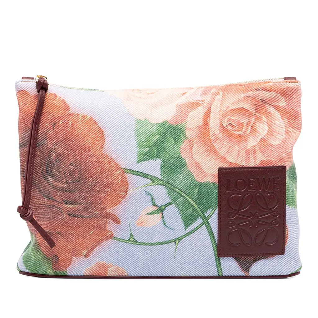 Loewe Paulas Ibiza Canvas Rose Print Clutch Blue Canvas Very good - Front View