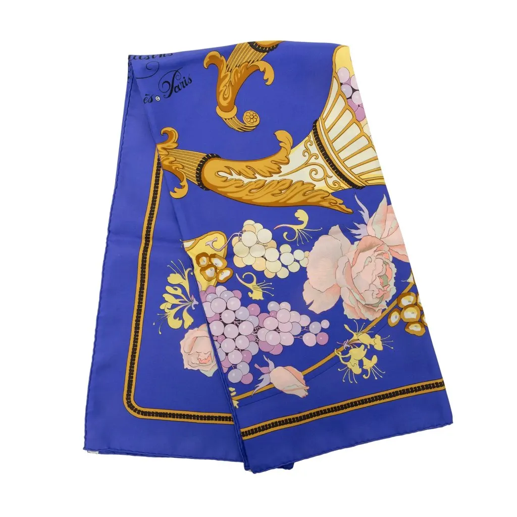 Hermès Fleurs et Raisins Silk Scarf 90 Blue Silk Good - Front View