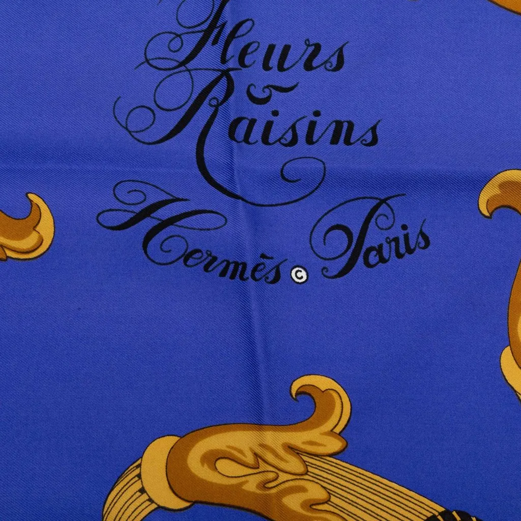 Hermès Fleurs et Raisins Silk Scarf 90 Blue Silk Good - Back View