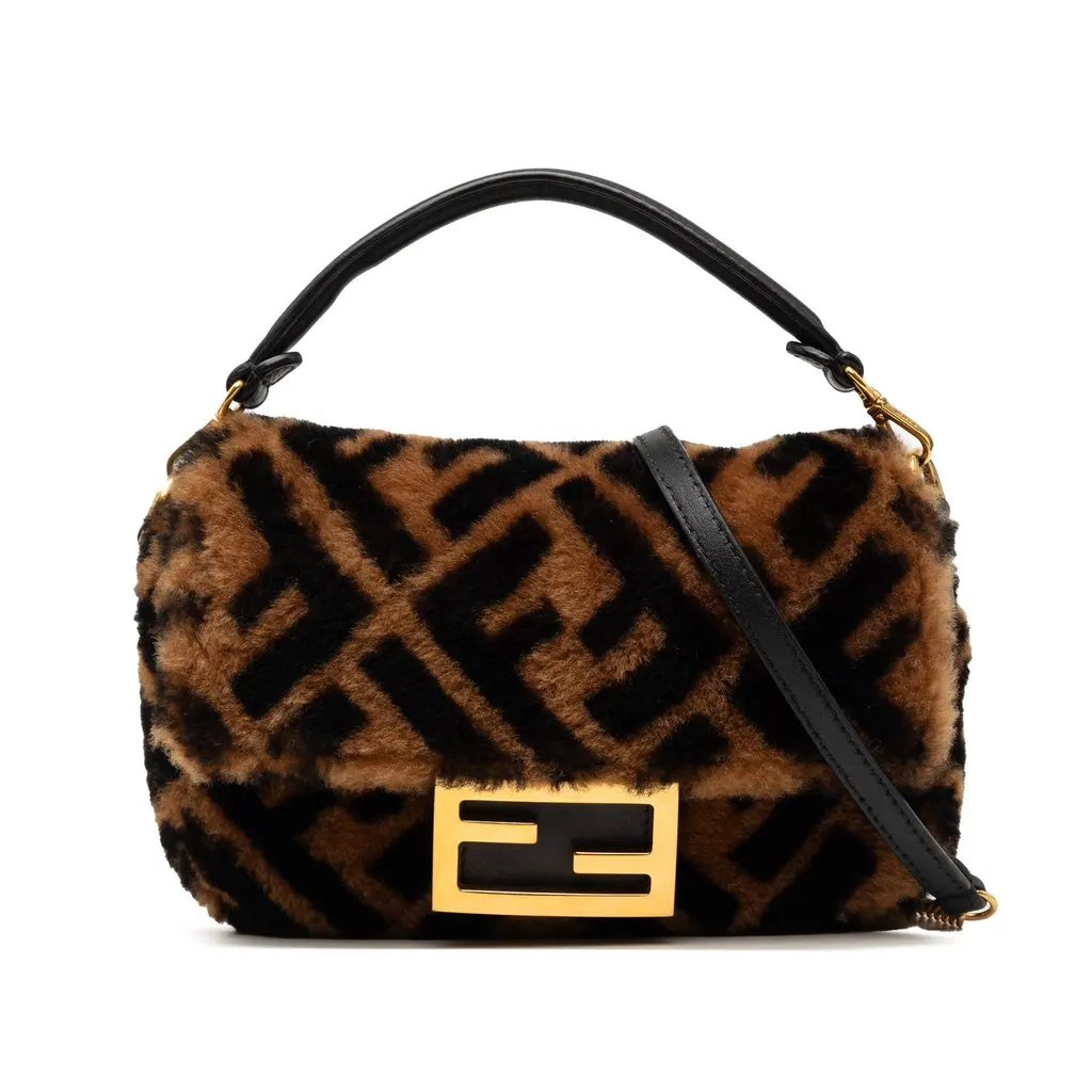 Fendi Mini Zucca Shearling Chain Baguette Satchel Brown Very good - Front View