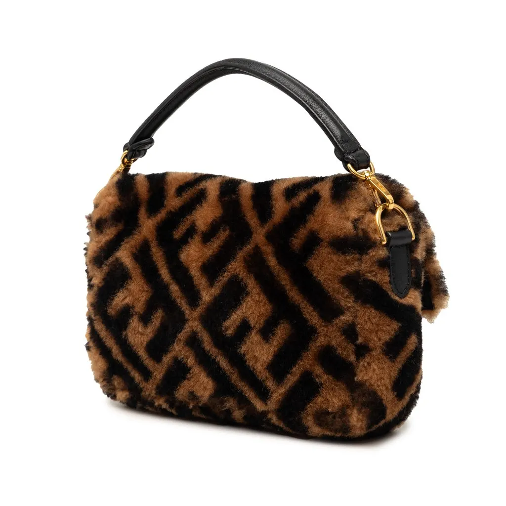 Fendi Mini Zucca Shearling Chain Baguette Satchel Brown Very good - Back View