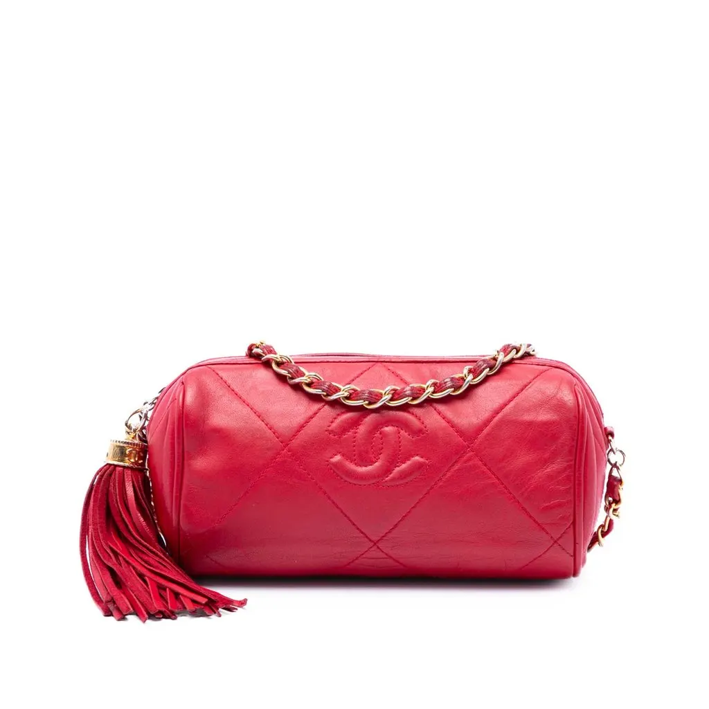 Chanel Mini Quilted Lambskin Tassel Barrel Crossbody Red Leather Very good - Front View
