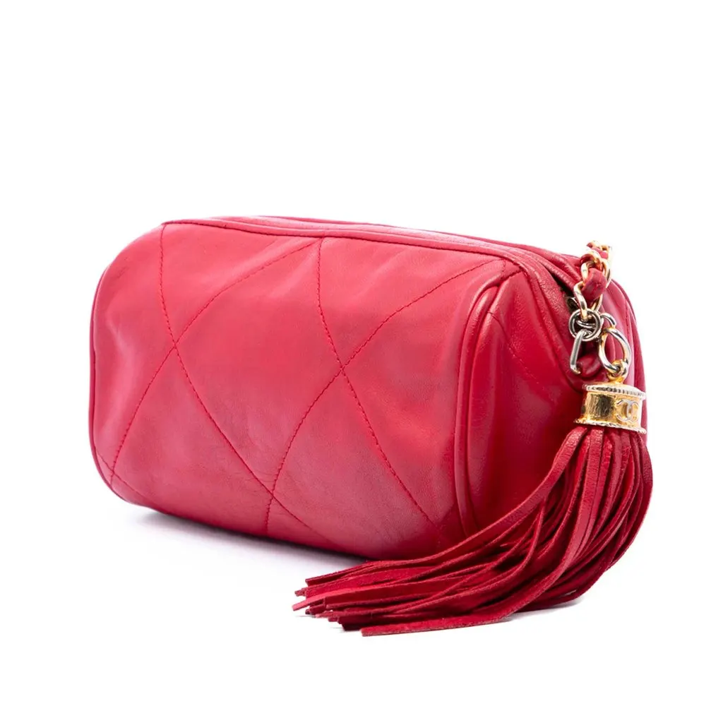 Chanel Mini Quilted Lambskin Tassel Barrel Crossbody Red Leather Very good - Back View