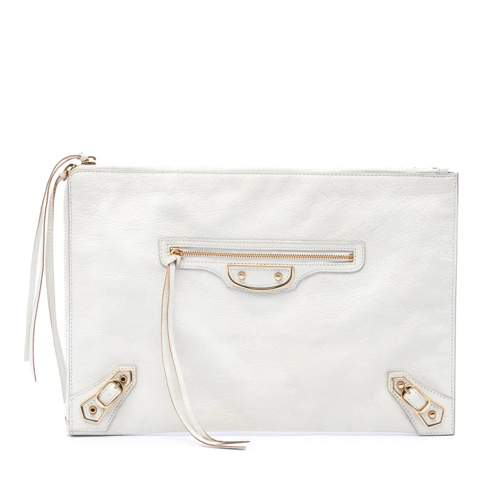 Balenciaga Goatskin Motocross Classic Metallic Edge Clutch White Leather Very good - Front View