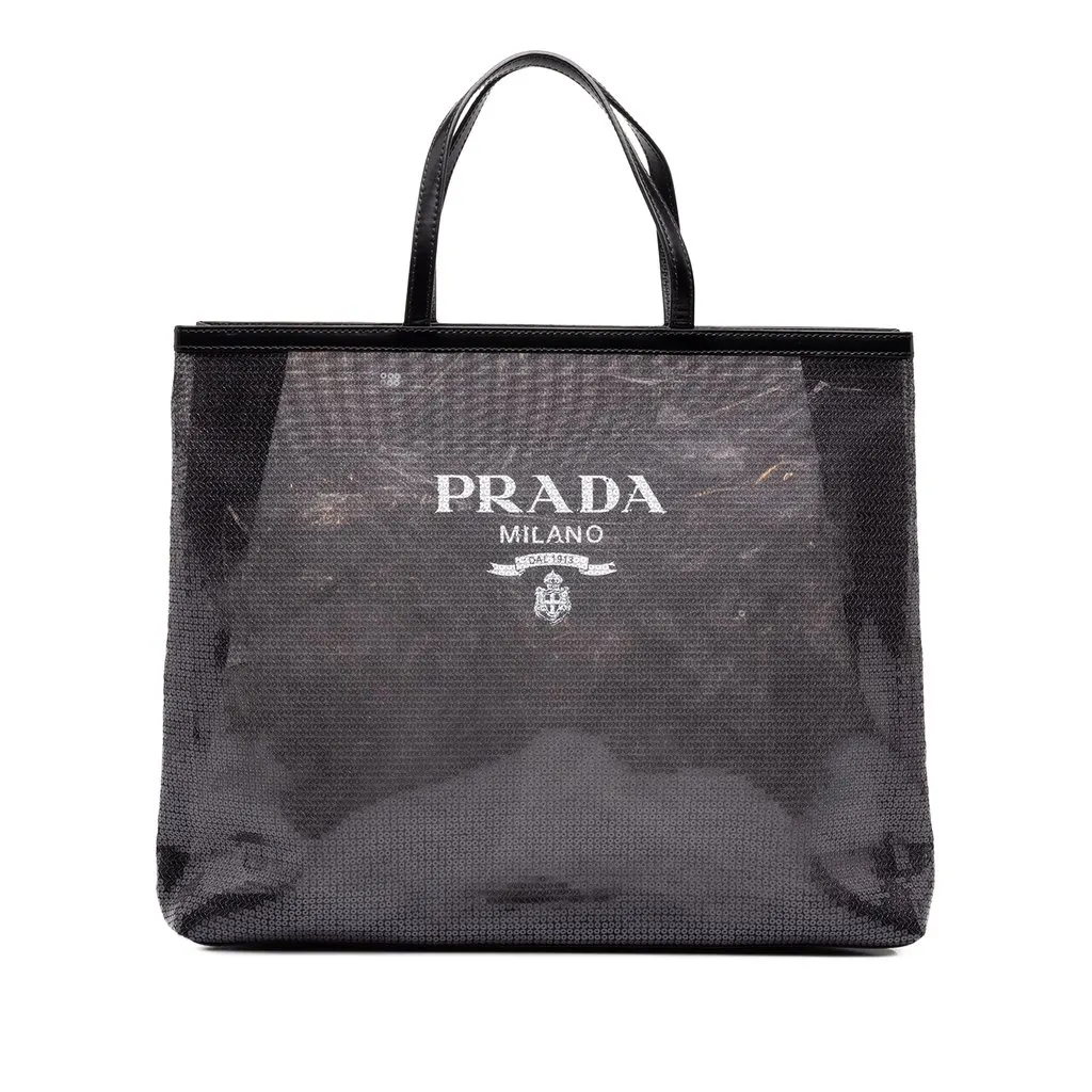 Prada Large Sequined Mesh Logo Tote Black Good - Front View