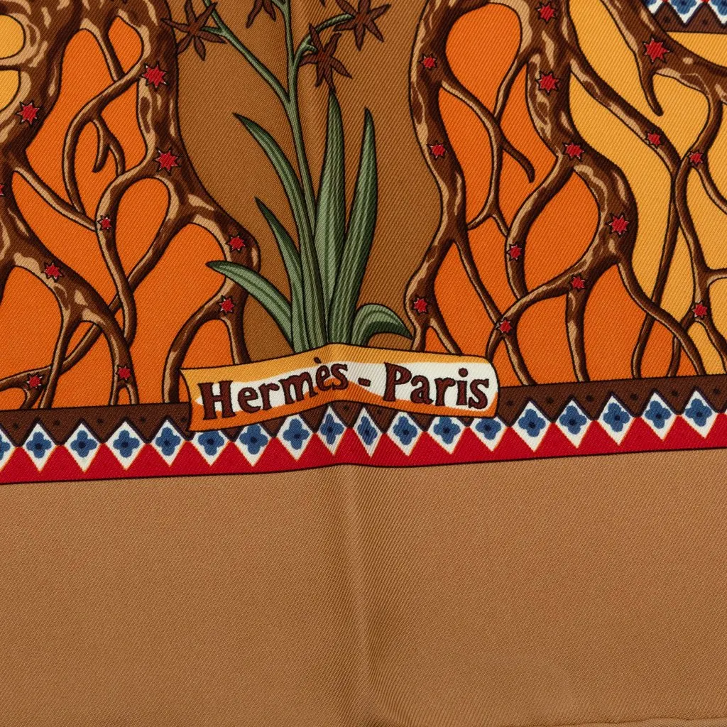 Hermès Axis Mundi Carre Silk Scarf 90 Brown Very good - Model View