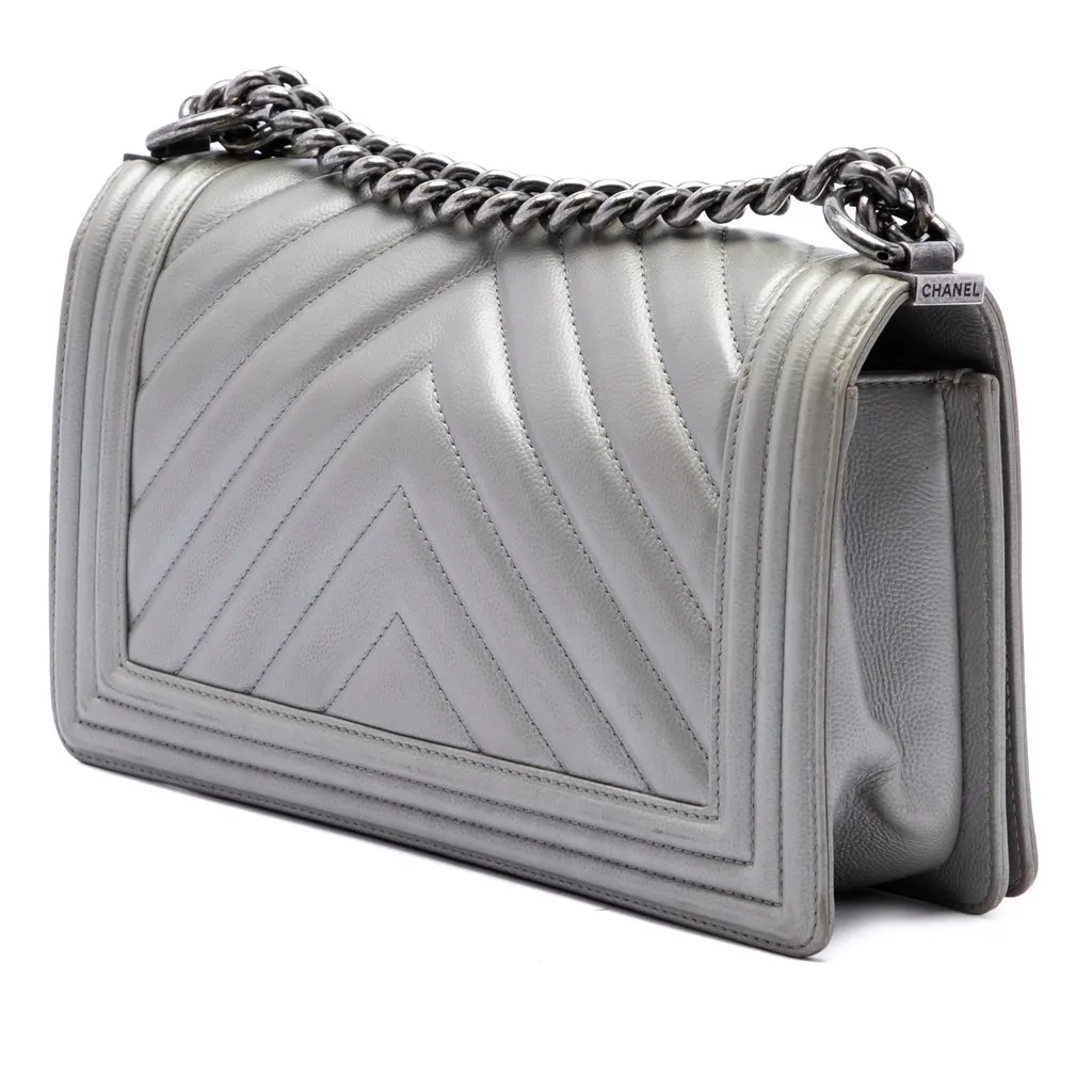 Chanel Old Medium Chevron Caviar Boy Flap Silver Leather Good - Back View