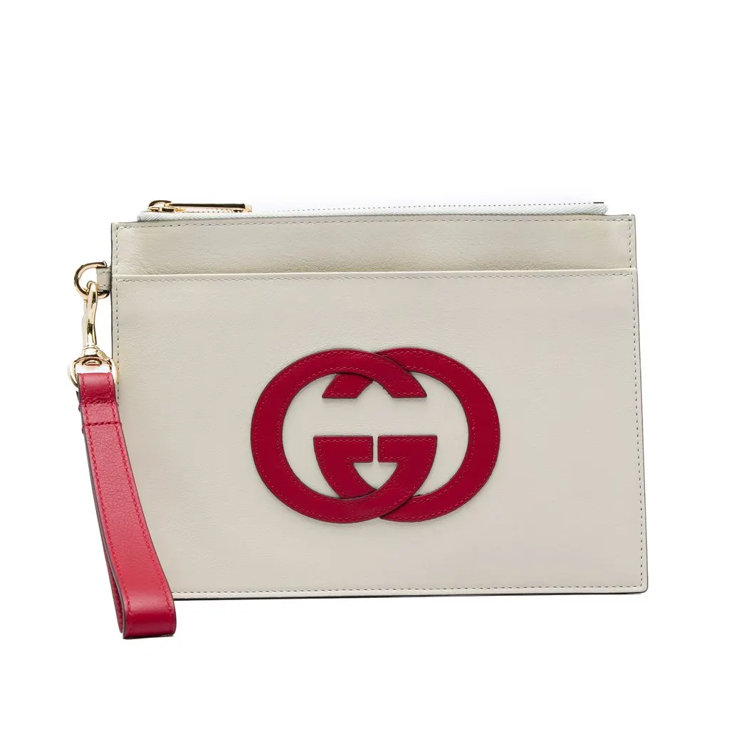 Gucci Calfskin Interlocking G Wristlet Clutch White Leather Very good - Front View