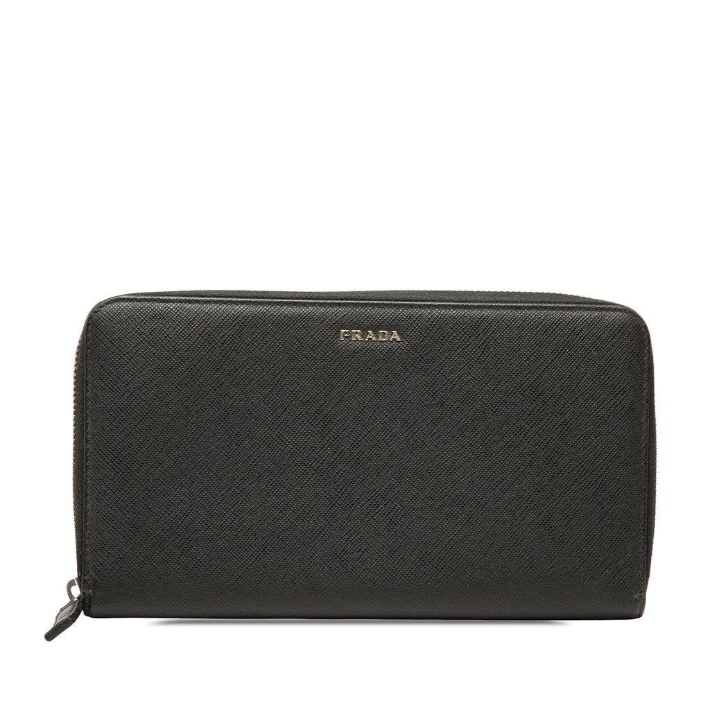 Prada Saffiano Zip Around Long Wallet Black Leather Very good - Front View