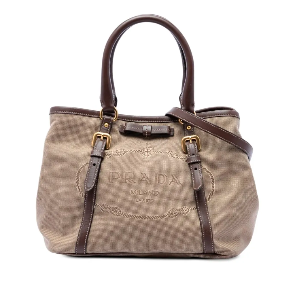 Prada Canvas Canapa Logo Bow Satchel Beige Very good - Front View