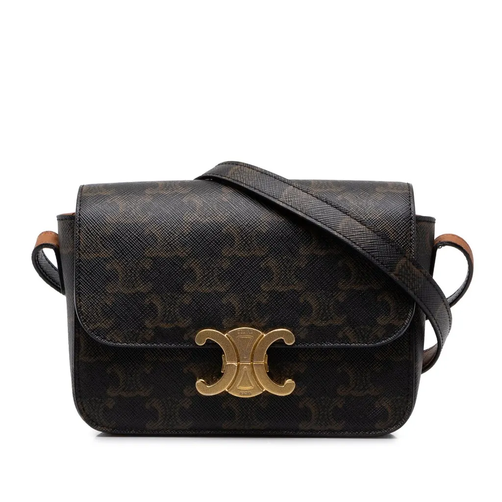 Celine Teen Triomphe Coated Canvas Triomphe Crossbody Brown Canvas Good - Front View