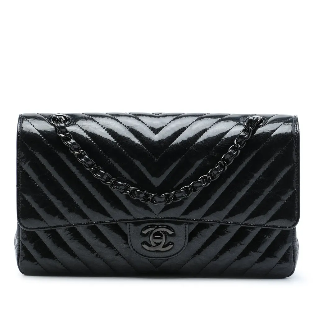 Chanel Medium Classic Chevron Patent So Black Double Flap Black Leather Very good - Front View