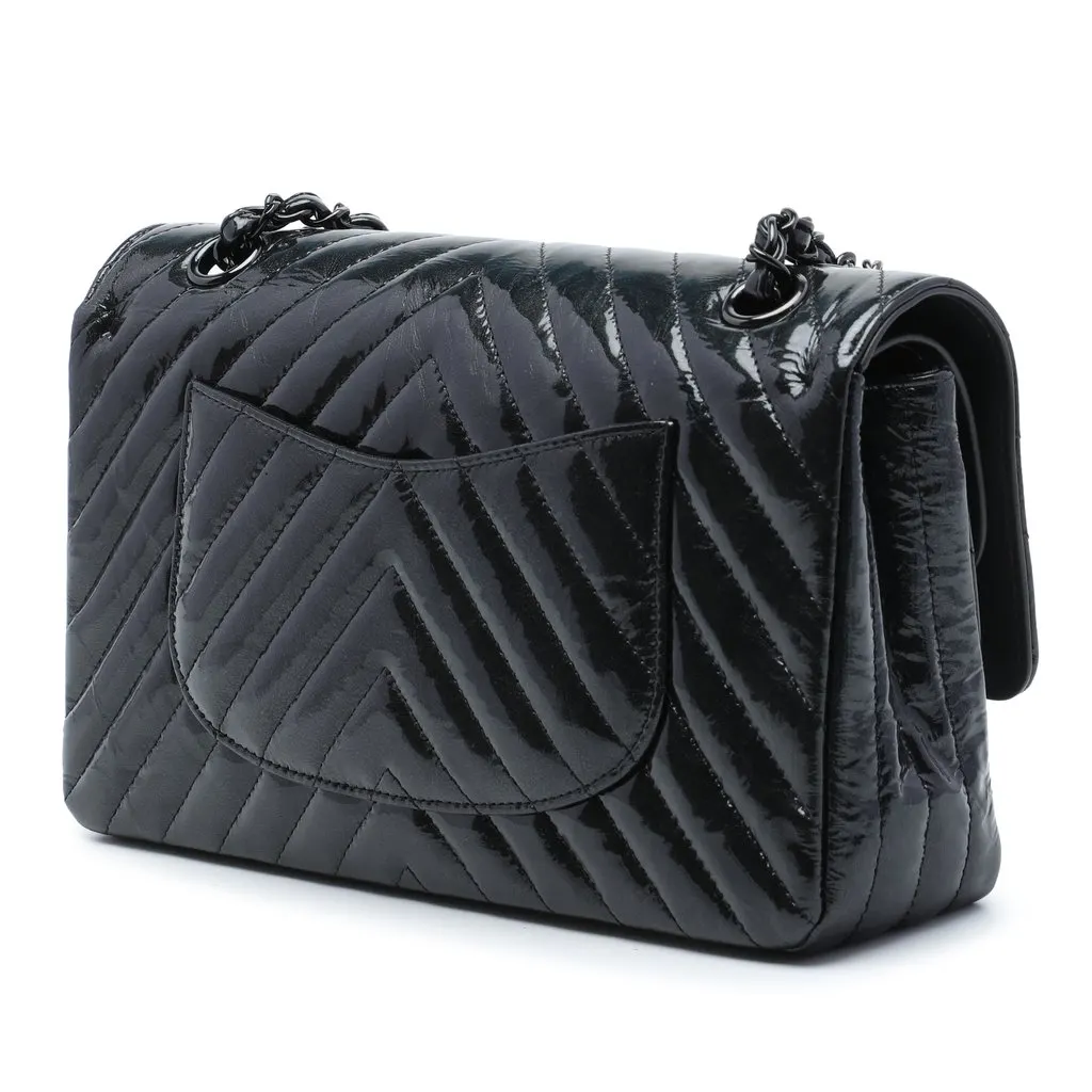 Chanel Medium Classic Chevron Patent So Black Double Flap Black Leather Very good - Back View