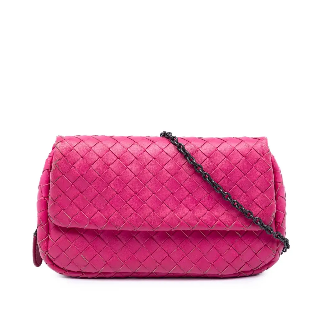 Bottega Veneta Mini Nappa Intrecciato Expandable Chain Flap Crossbody Pink Leather Very good - Front View