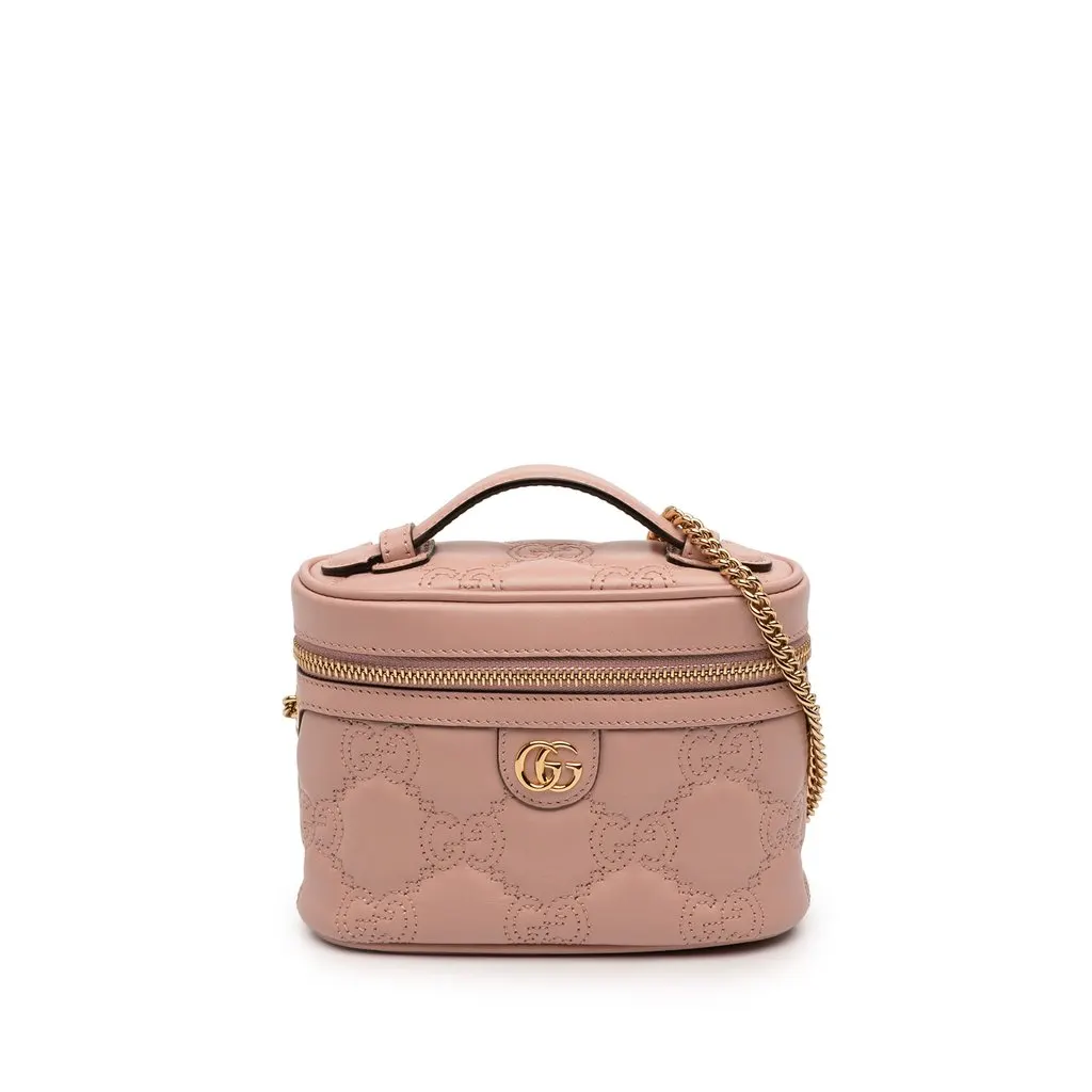 Gucci Mini GG Marmont Matelasse Calfskin Top Handle Vanity Chain Bag Pink Leather Very good - Front View