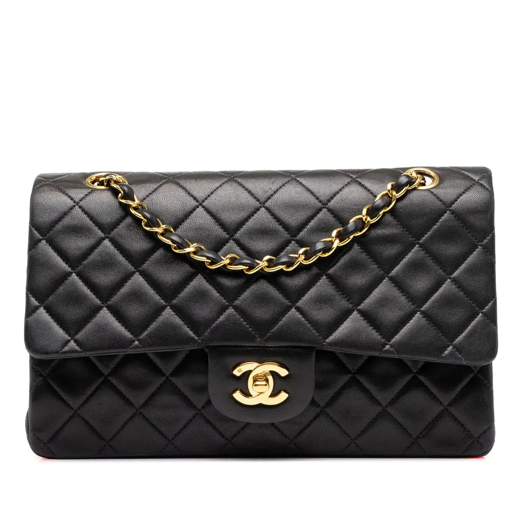Chanel Medium Classic Lambskin Double Flap Black Leather Good - Front View