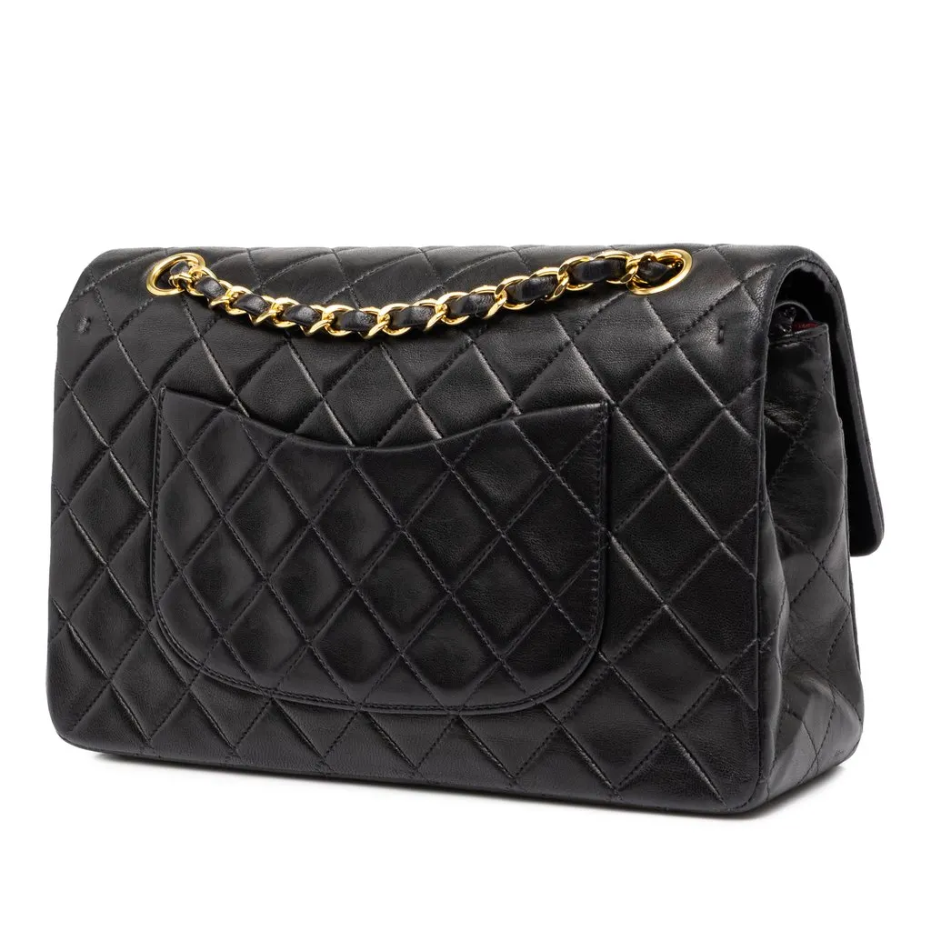 Chanel Medium Classic Lambskin Double Flap Black Leather Good - Back View