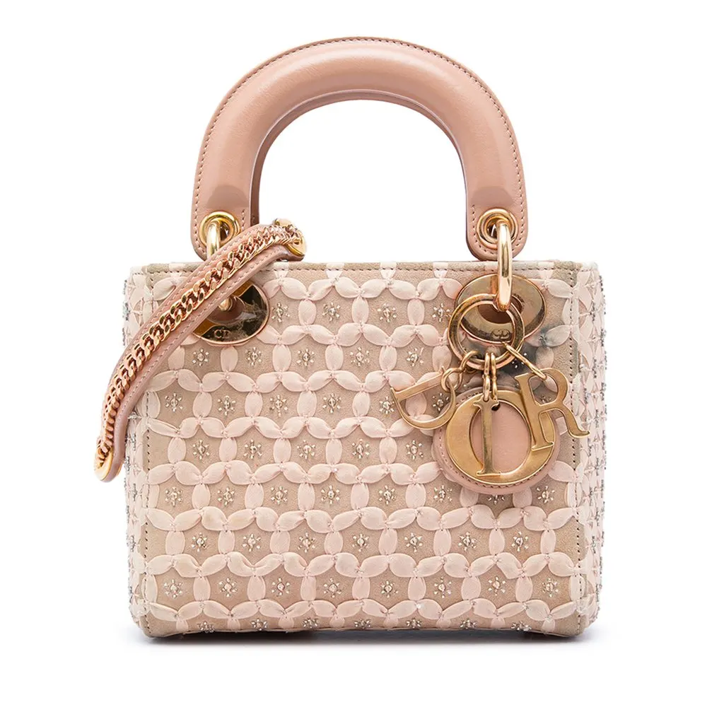 Dior Mini Suede Beaded Ribbon Lady Dior Beige Leather Very good - Front View