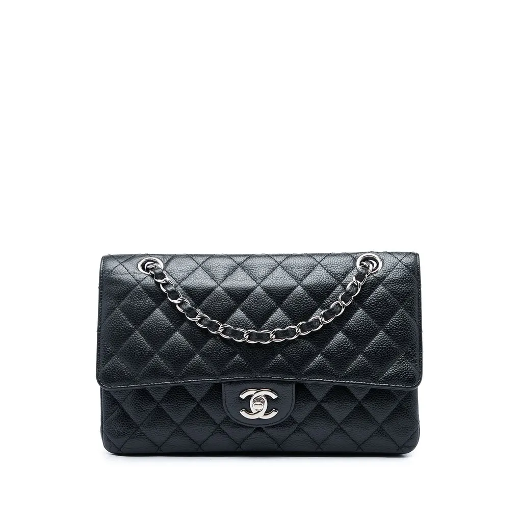 Chanel Medium Classic Caviar Double Flap Black Leather Good - Front View