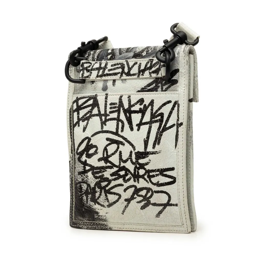 Balenciaga Small Lambskin Graffiti Explorer Crossbody White Leather Very good - Back View