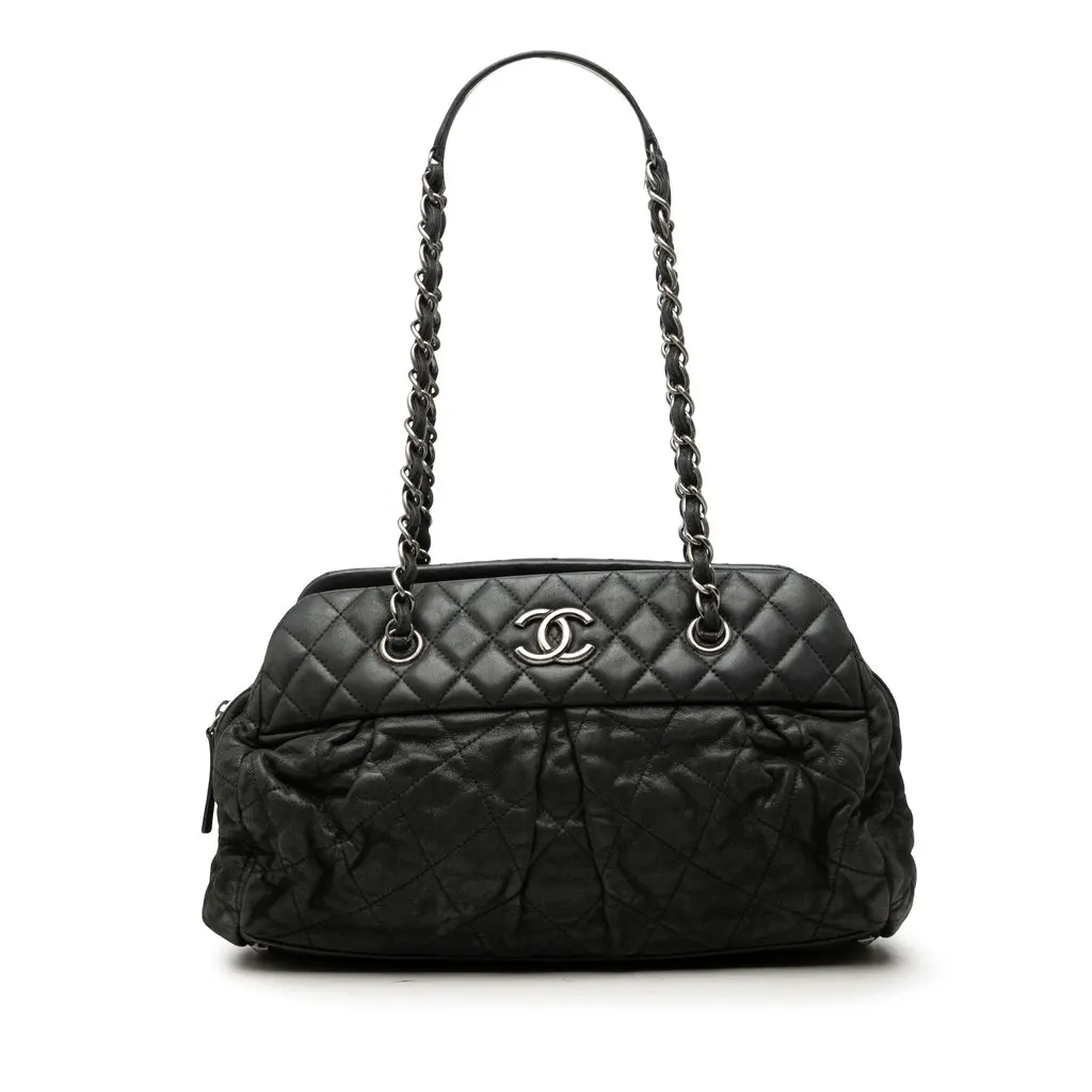 Chanel Quilted Iridescent Calfskin Chic Quilt Bowling Bag Black Leather Good - Front View
