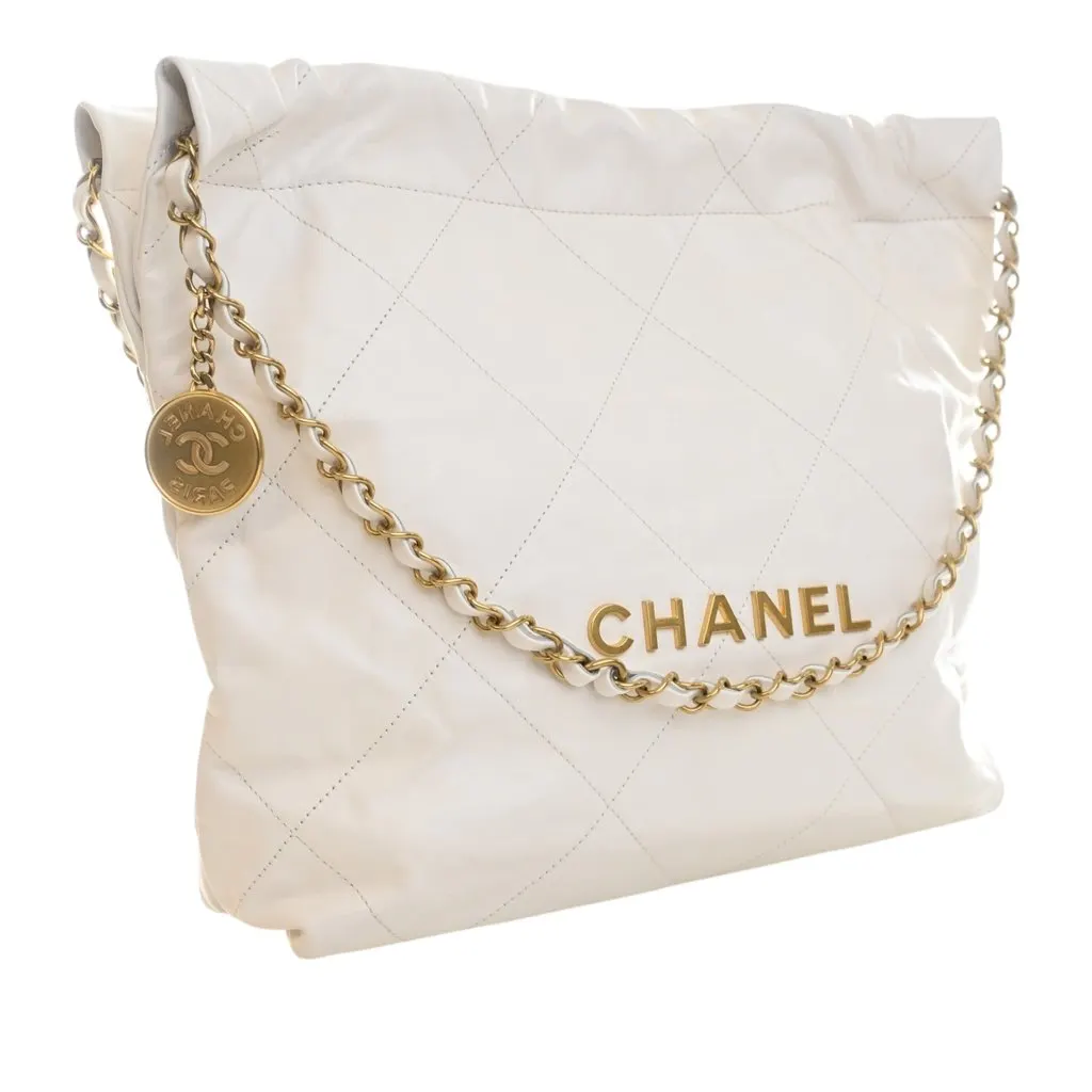 Chanel Small Quilted Shiny Calfskin 22 Handbag White Leather Very good - Back View