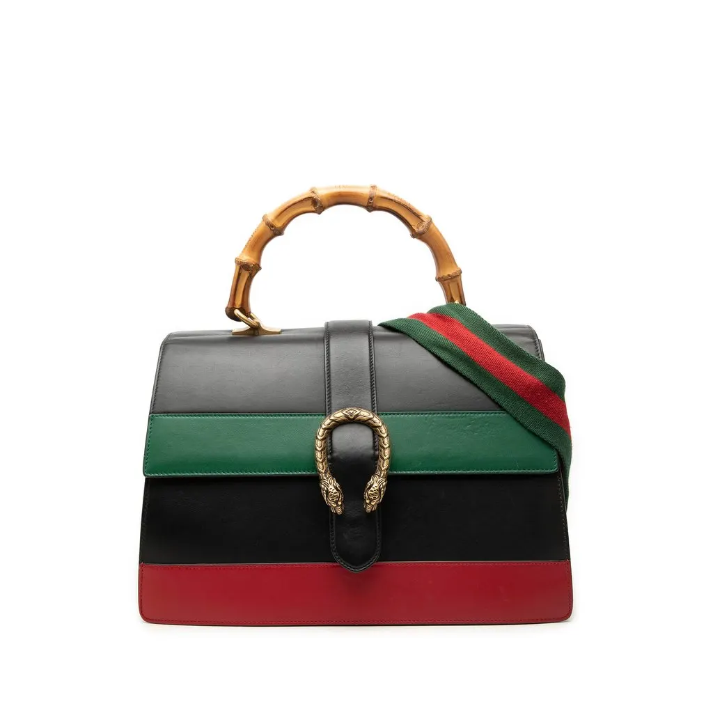 Gucci Large Calfskin Bamboo Dionysus Web Satchel Black Leather Very good - Front View