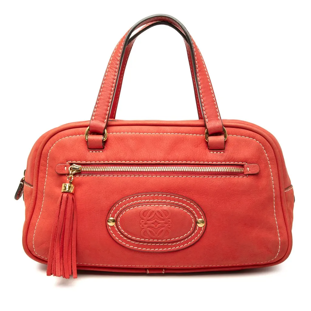 LOEWE Nubuck Anagram Madrid Fringe Handbag Red Leather Very good - Front View