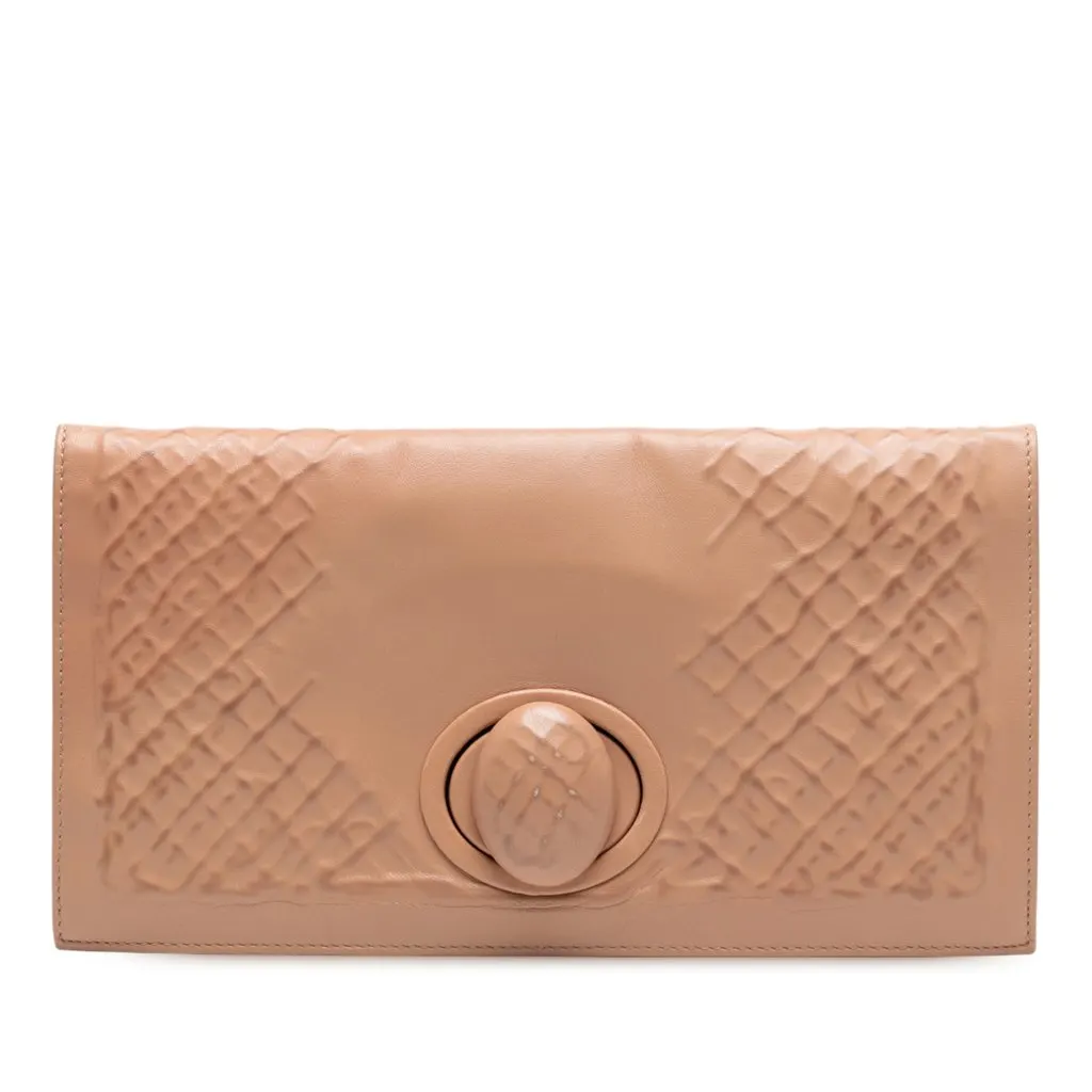 Bottega Veneta Nappa Embossed Intrecciato Turn Lock Clutch Brown Leather Very good - Front View