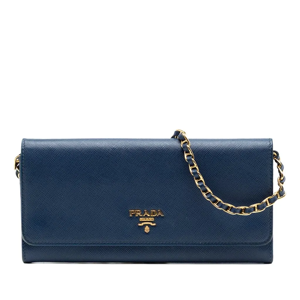 Prada Saffiano Wallet On Chain Blue Leather Very good - Front View