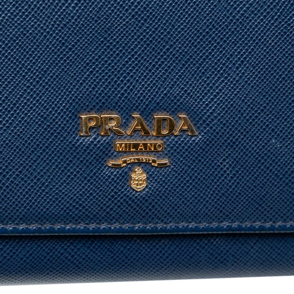 Prada Saffiano Wallet On Chain Blue Leather Very good - Box View