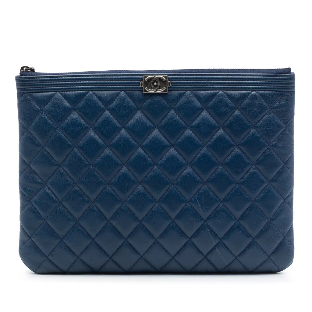 Chanel Medium Quilted Lambskin Boy O Case Clutch Blue Leather Very good - Front View