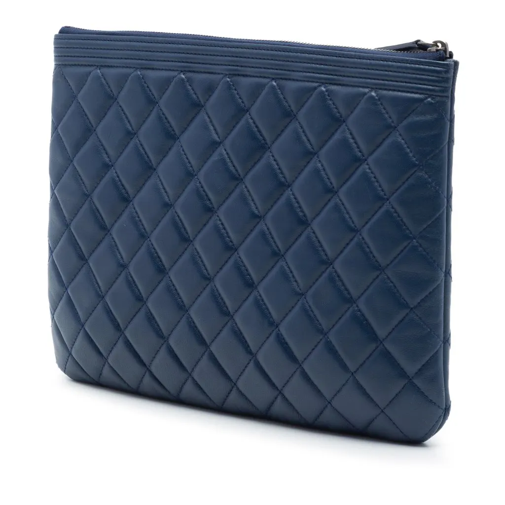 Chanel Medium Quilted Lambskin Boy O Case Clutch Blue Leather Very good - Back View