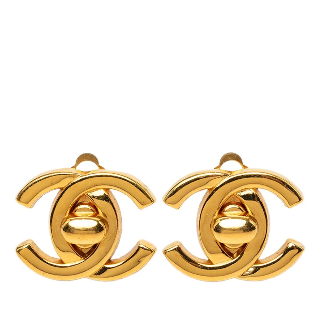 Chanel CC Gold Plated Turn Lock Clip On Earrings Gold Metal Very good - Front View