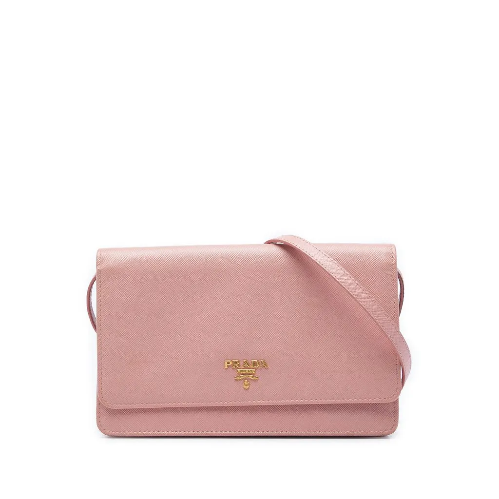 Prada Saffiano Wallet on Strap Pink Leather Very good - Front View