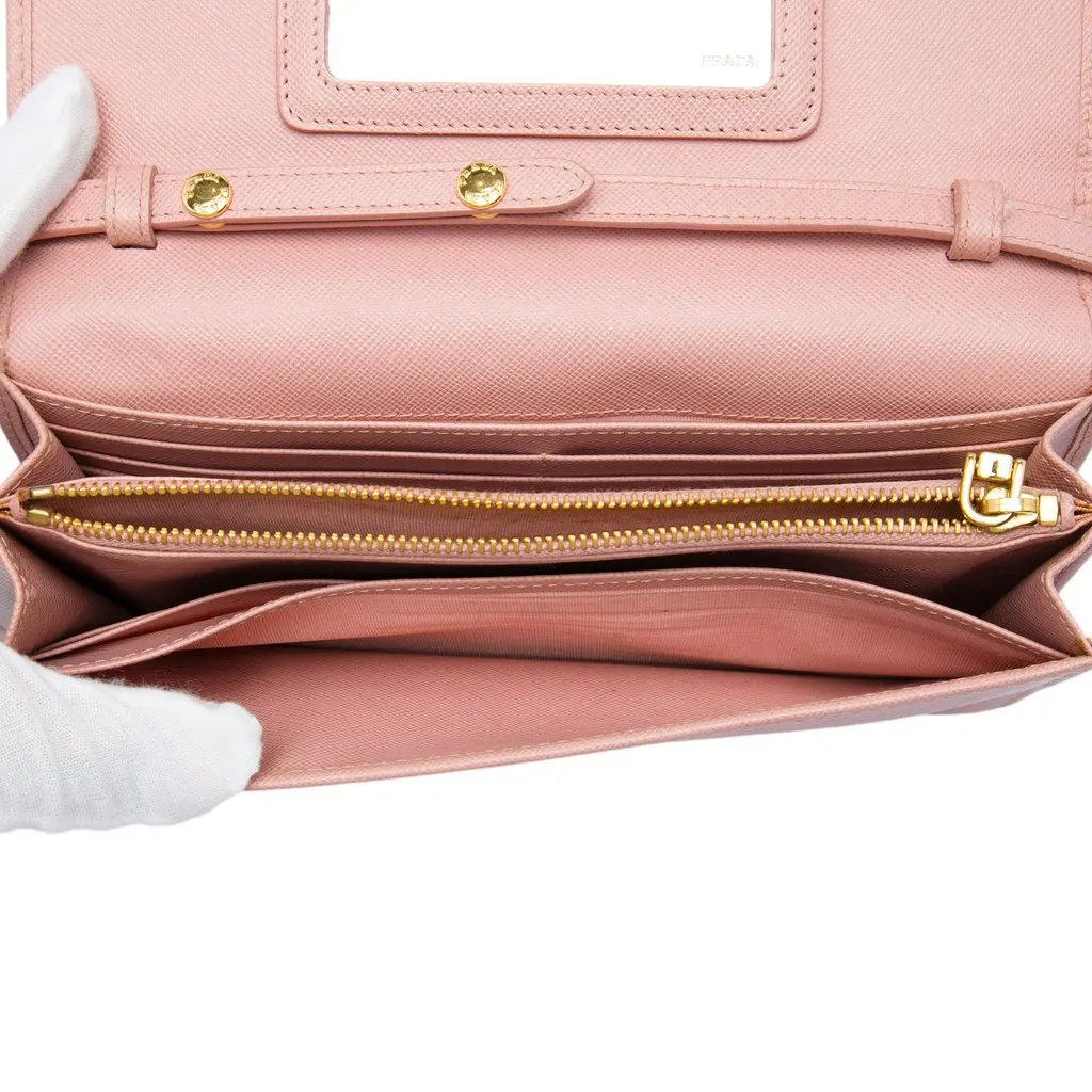 Prada Saffiano Wallet on Strap Pink Leather Very good - Model View