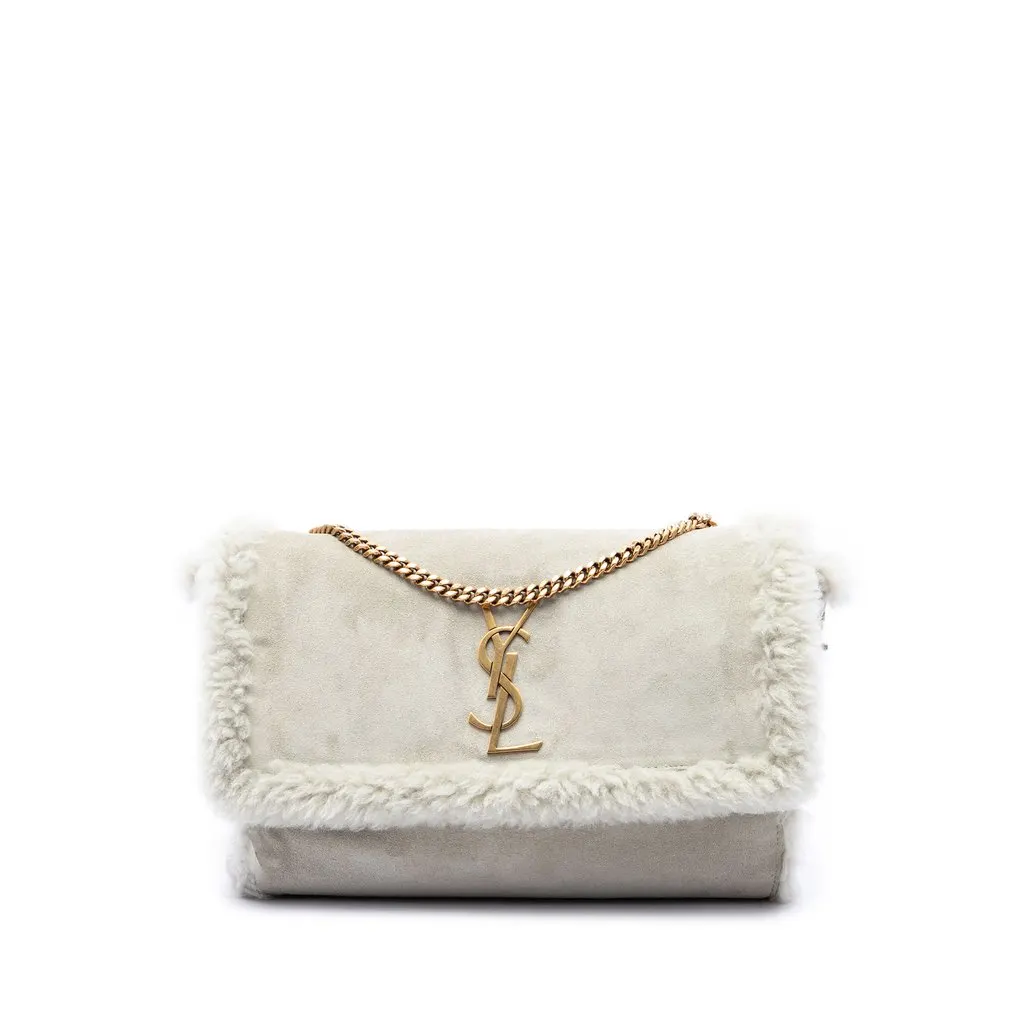 Saint Laurent Medium Shearling Monogram Kate Reversible Shoulder Bag Grey Shearling Very good - Front View