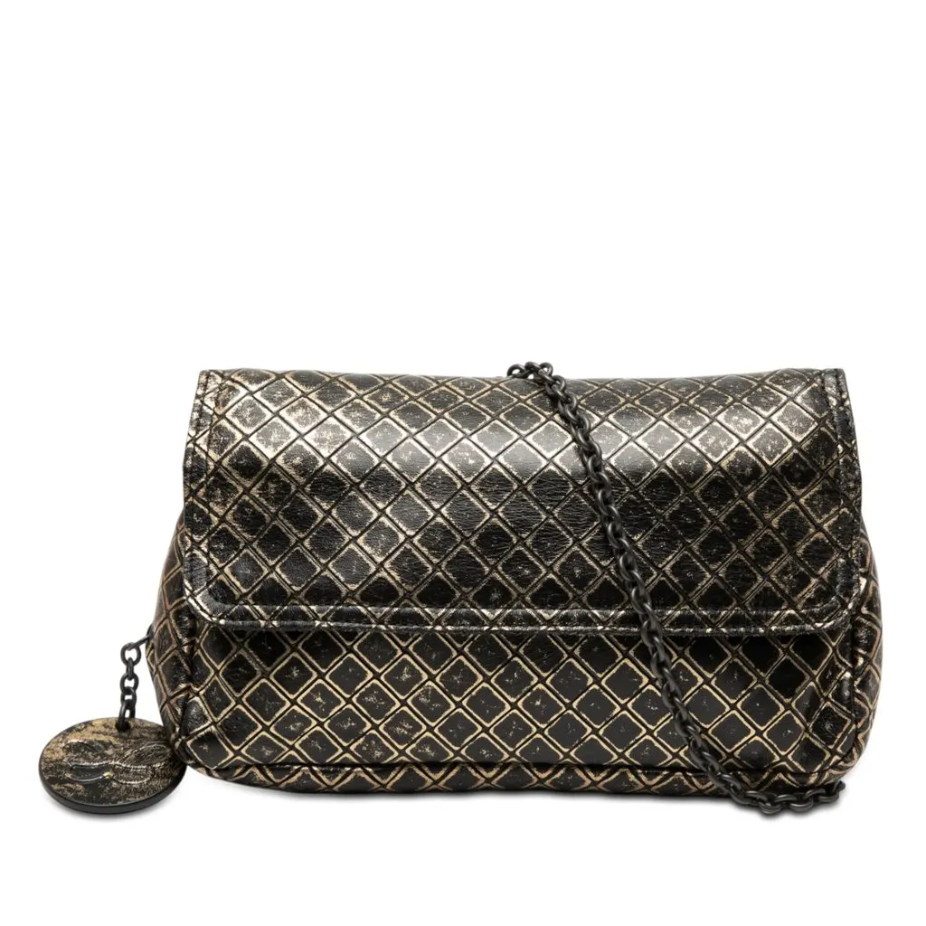 Bottega Veneta Metallic Calfskin Intrecciomirage Chain Flap Crossbody Gold Leather Very good - Front View