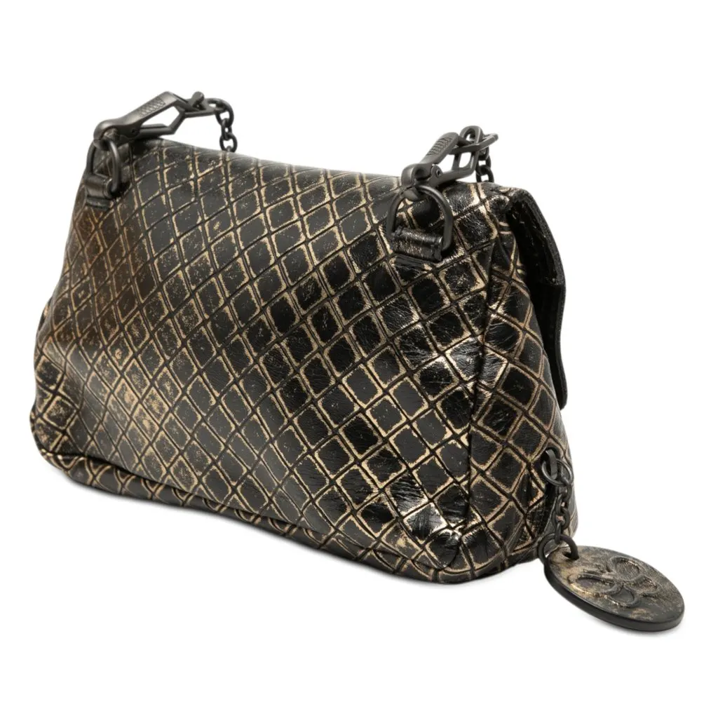 Bottega Veneta Metallic Calfskin Intrecciomirage Chain Flap Crossbody Gold Leather Very good - Back View