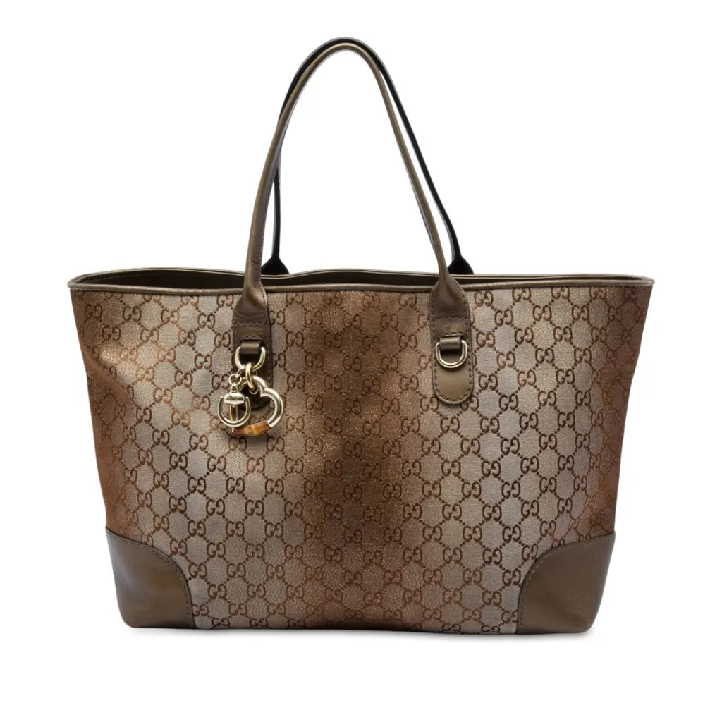 Gucci GG Lurex Heart Bit Tote Brown Canvas Good - Front View