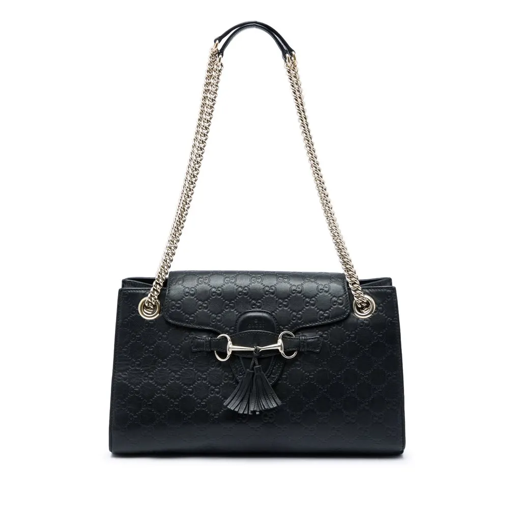 Gucci Large Guccissima Emily Shoulder Bag Black Leather Good - Front View