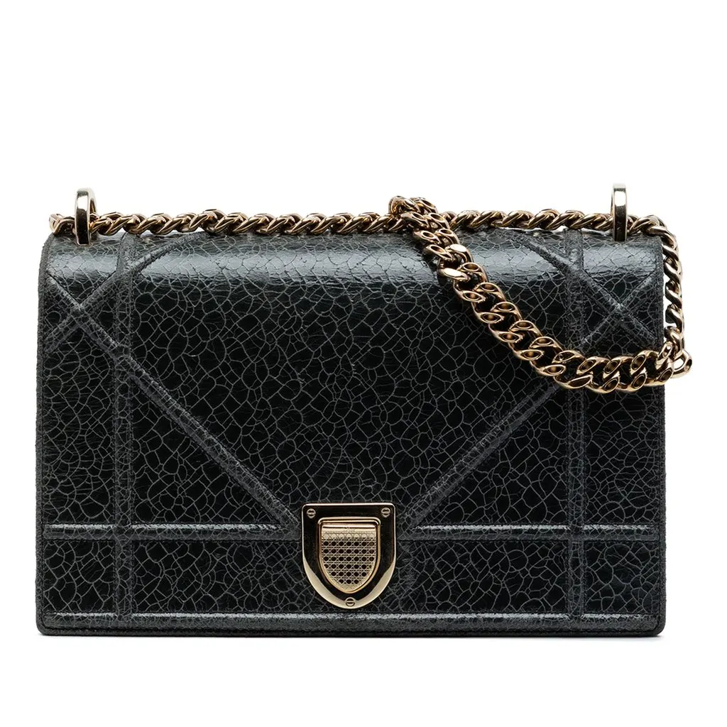 Dior Medium Crackled Deerskin Diorama Flap Black Leather Very good - Front View