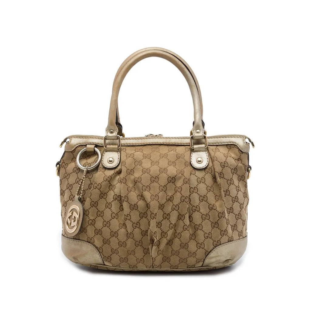Gucci GG Canvas Sukey Satchel Beige Canvas Good - Front View