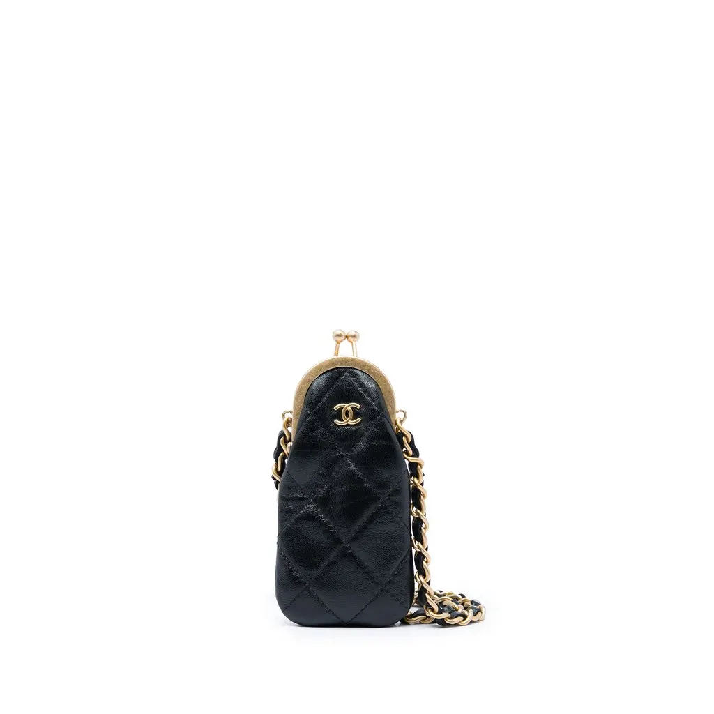 Chanel CC Quilted Lambskin Lipstick Case on Chain Black Leather Very good - Front View