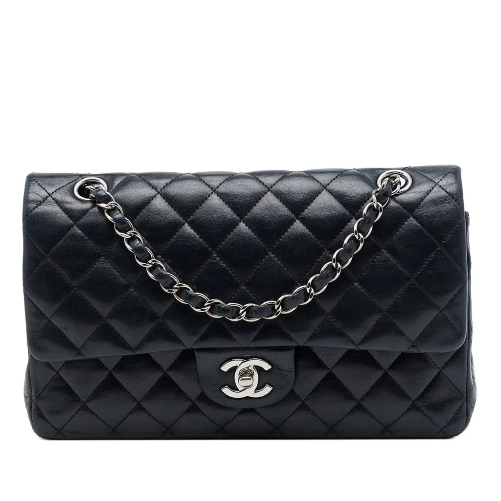 Chanel Medium Classic Lambskin Double Flap Black Leather Good - Front View