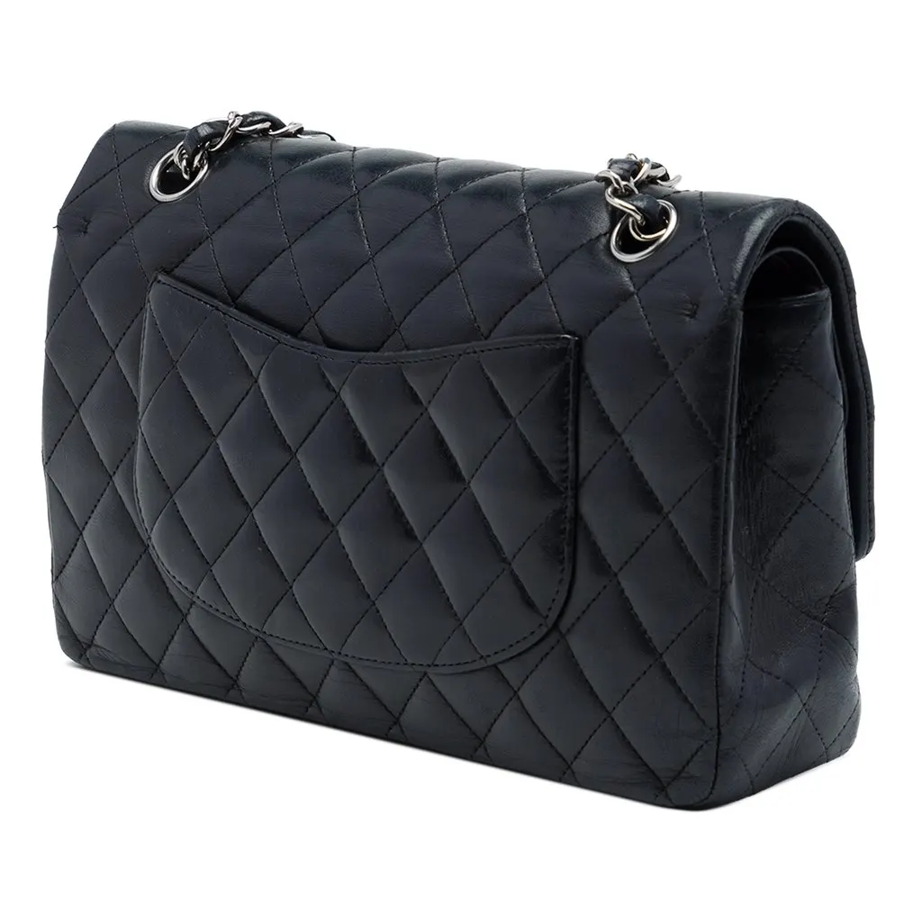 Chanel Medium Classic Lambskin Double Flap Black Leather Good - Back View