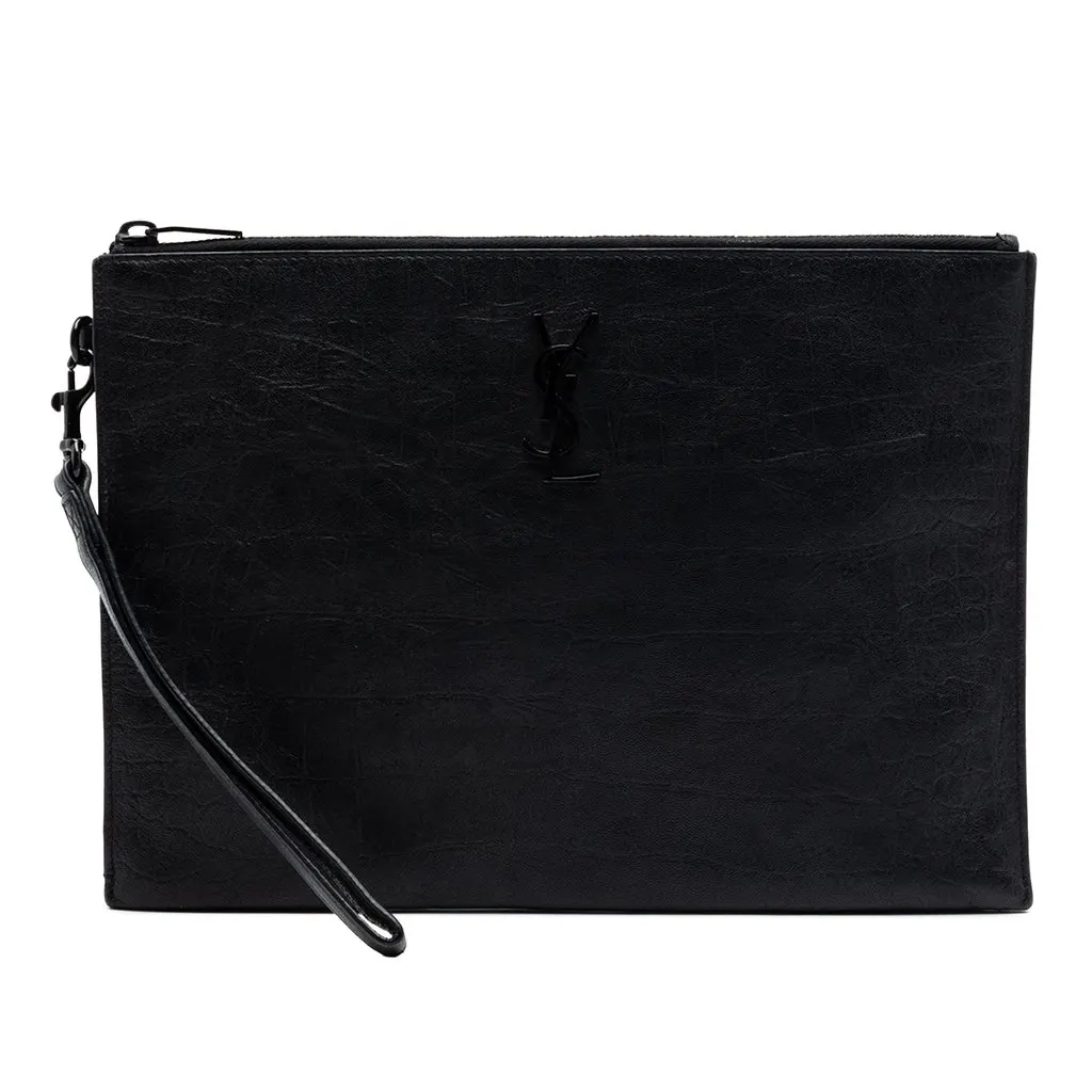 Saint Laurent Croc Embossed Leather Monogram Zip Pouch Black Leather Very good - Front View